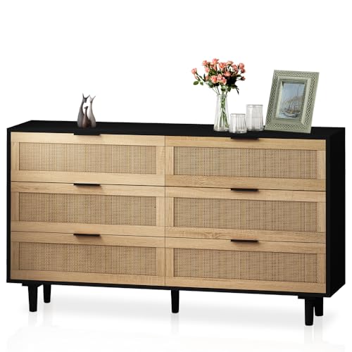 NTYUNRR Cómoda de ratán negro, cómoda de 6 cajones para dormitorio, cómoda bohemia de madera, cómoda moderna para sala de estar, pasillo y entrada, M