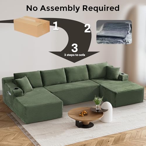 Image of 133 inch Oversized Cloud Boneless Sofa Couch with Chaise, Modern Corduroy U Shaped Modular Sectional Sofa with Deep Seat, Comfy Couch with Cupholders and Storage, No Assembly Required-Green
