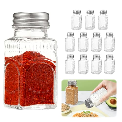 Lot de 12 pots à épices en verre avec insert à saupoudrer 80 ml - Récipient à épices avec trou - Résistant à l'humidité - Conservation de la fraîcheur - Bocaux à épices - Salière pour camping
