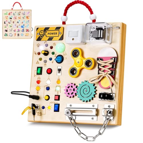 Montessori Wooden Busy Board Toys Electronic Early Development Toys for 3+ Years Old Boys Girls Toddler Sensory Educational Fidget Board Travel Toy with LED Light Up Switches & Music Boxes