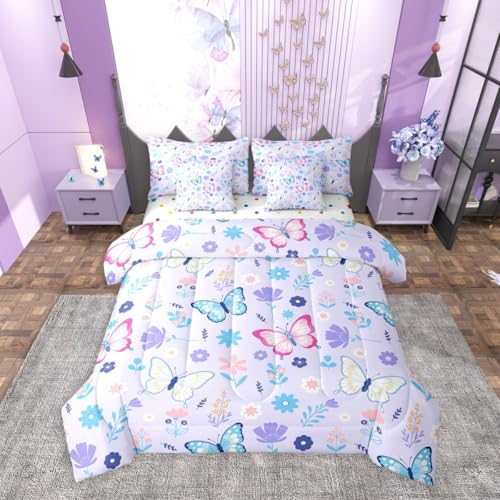 Image of Erosebridal Flying Butterflies 7 Pieces Bedding Set King Size,Pink and Blue Bed in a Bag,Cartoon Garden Floral Bed Set Includes Comforter,Sheet Set,Pillowcases & Pillow Covers,Wildlife Bedroom Decor