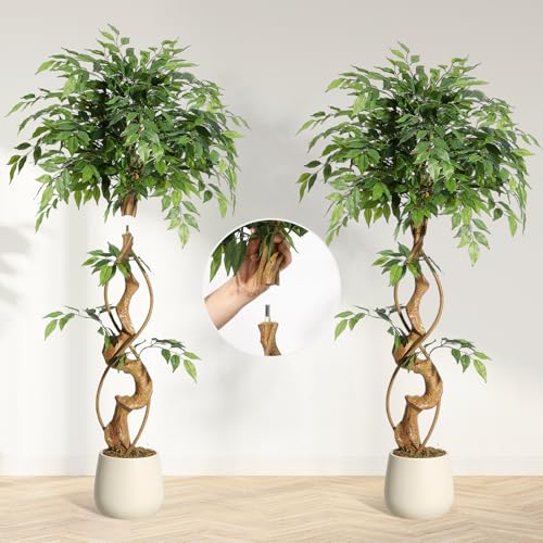 GarveeHome Ficus Artificial Tree with Curved Trunk,4 Feet Faux Plant Fake Silk Trees with White Pot, Fake Ficus Tree for Home Decor, Artificial Plants Indoor for Indoor Office Living Room