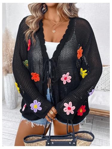 Verdusa Women's Plus Size Floral Crochet Knit Cardigan Bow Tie Front Lightweight Sweaters3