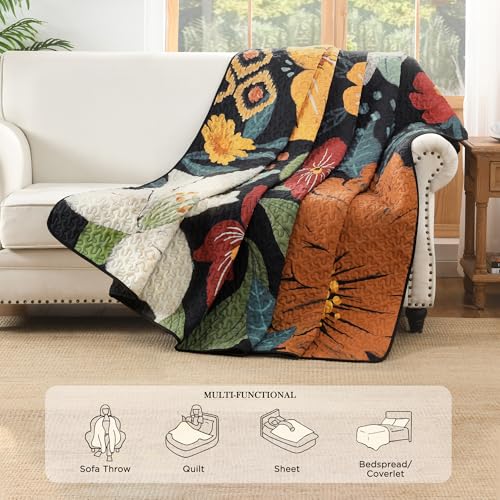 Image of Andency Floral Boho Queen Quilt Bedding Set Black, 3 Pieces Farmhouse Flower Botanical Summer Bedspreads with 2 Shams, Soft Reversible Lightweight Polyester Coverlet Set for All Season, 90 inchx96 inch