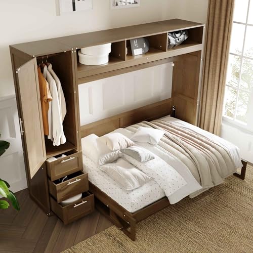 ATY Foldable Full Size Murphy Bed with Wardrobe and Desk Combo, Wooden Cabinet Bedframe w/ 3 Storage Drawers &Open Shelves, Super Save Space, for Small Space, Antique Wood