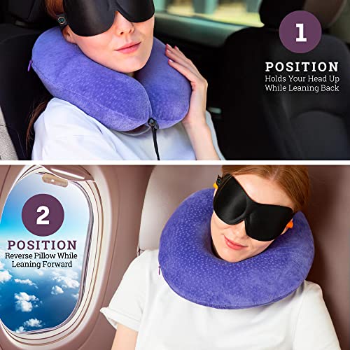 Aeris Purple Travel Pillow For Airplanes And Car - Memory Foam Neck Pillow With Sleep Mask, Earplugs, Carry Bag, Adjustable Toggles, Machine Washable Velour Cover, Purple #TOP1