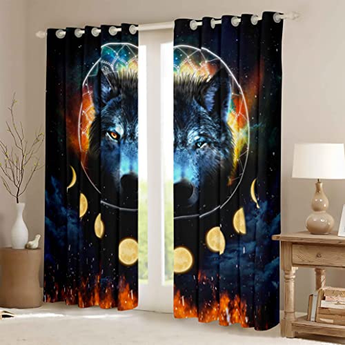 Loussiesd Wolf Curtains for Bedroom Living Room Sun Moon Wolf Room Curtain Galaxy Dreamcatcher Wolf Window Drapes Bohemian Mandala Window Draperies Set of W46*L54 - Image 2
