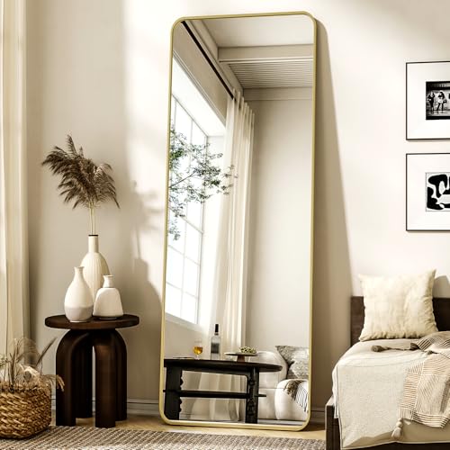 56"x21" Floor Full Length Mirror Standing Full Body Rounded Corner Rectangle Mirrors with Stand Hanging Wall Mounted Leaning Bedroom Living Room Bedroom Cloakroom,Gold - Image 4