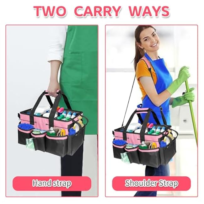 Boczif Cleaning Caddy Bag Wearable, Cleaning Caddy Supplies Organizer with Handle, Shoulder Straps & Detachable Divide, Cleaning Tool Organizers Tote Bag for Cleaners & Housekeepers(Pink)