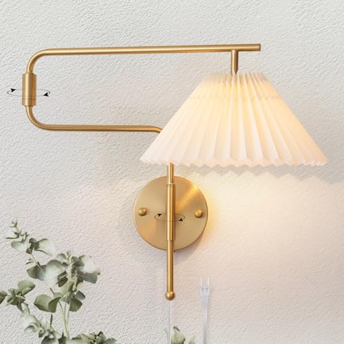 Boho Caged Gold Swing Arm Wall Sconce Set of 2 Plug in Wall Sconces with White Pleated Fabric Shade Hardwired Wall Light Fixtures with Dimmable Switch for Bedroom Bedside Living Room House Reading
