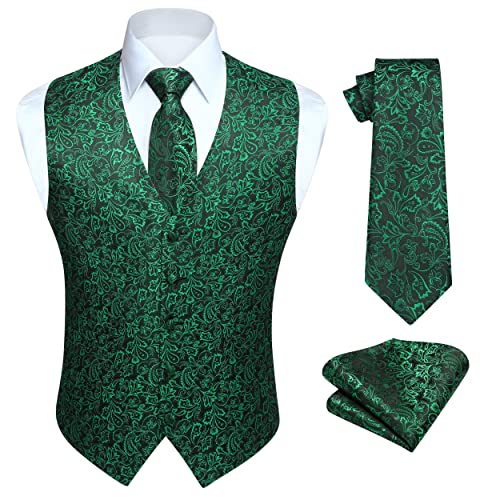 Image of HISDERN Vest and Tie Sets for Men Vests Paisley Floral Jacquard Necktie Pocket Square 3PCS Waistcoat for Suit or Tuxedo