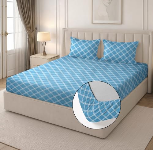 Image of RD TREND Waterproof Fitted Bedsheet for King Size Bed (78x72x8 Inches) | Ultra-Soft Glace Cotton Elastic Sheet with 2 Pillow Covers (18x28 Inches) (Blue Check)