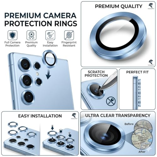 Image of ArmourPro Camera Lens Tempered Glass for Samsung Galaxy S25 Ultra (6.8 Inches) Tough HD Individual Aluminum Alloy Rings 9H Camera Cover, Scratch-Resistant,Camera Lens Protection| Blue, 1 Pack