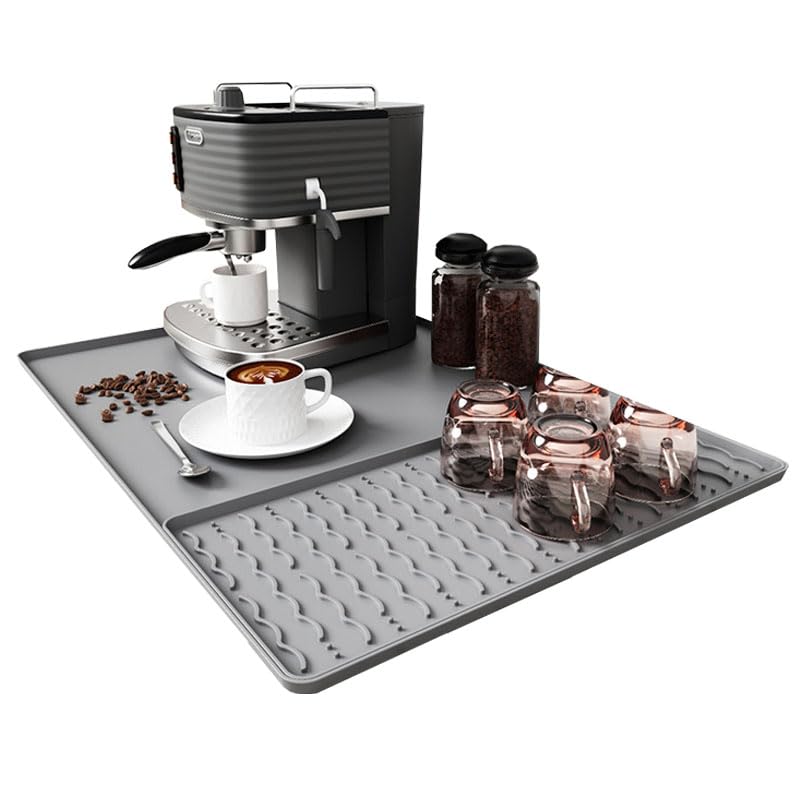 Tapete de café de silicona, tapete de barra de café de 16 x 24 pulgadas con tapete de secado de platos desmontable, 2 accesorios de barra de cocina que se ajustan debajo de la máquina de café espresso