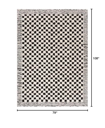 Image of Hauteloom Checker Contemporary Checkered Area Rug - Modern Geometric Bordered Carpet for Living Room, Bedroom - Checkboard Design - Square Tiles - High Pile - Black and White - 6'7 inch x 9' (6x9)