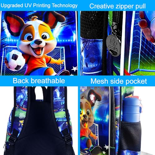 Image of 16 inch Dog Soccer Backpack Set for Boys 4-8, 3Pcs Kindergarten School Bag with Football Lunch Box & Pencil Case, Durable Bookbag (Blue)