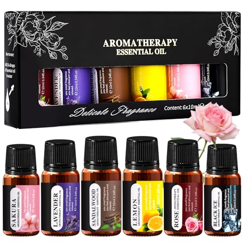 Set de Aceites Esenciales para Difusor, 100% Natural Puro Aromaterapia Aceite Aromático,6x10 ml Bio Essential Oils Set para Humidificadores, Rosa, Limón, Lavanda, Sándalo, Flor De Cerezo, Hielo Negro