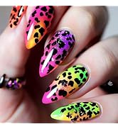 Coquette Rainbow Gradient Leopard Acrylic Nails, 24 Pcs - Medium Almond, Glossy Silver Glitter, G...