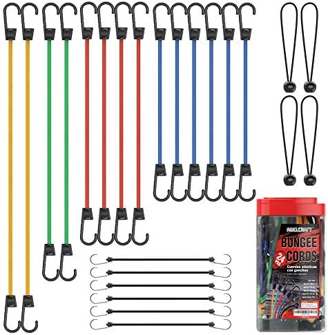 AWELCRAFT Bungee Cords Assortment Jar 24 Piece in Jar - Includes 10", 18", 24", 32", 40" Bungee Cord and 8" Canopy/Tarp Ball Ties