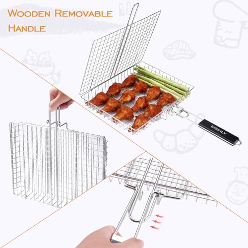 Portable Grill Basket, EISINLY BBQ Grilling Basket for Outdoor Grill with Removable Handle, Stainless Steel Camping Cooking Grill Accessories for Chicken Fish Vegetable, Dad Gifts - Thumbnail 4