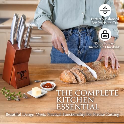 Image of Moss & Stone Small 6 Pcs Kitchen Knife Set with Block, Stainless Steel