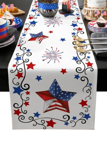 4th of July Table Runner Patriotic Stars Table Runners Independence Day Fireworks Cotton American Flag Linen Dresser Scarf Kitchen Dining Table Decor for Memorial Day Holiday Party 13x72 Inch