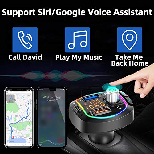 Bluetooth FM Transmitter for Car BT 5.0 Wireless Stereo Audio Adapter Hands-Free Call Kit Radio Music Player Receiver 36W PD & QC3.0 Smart Charge Type-C USB TF Compatible LCD Dual Display RGB Light