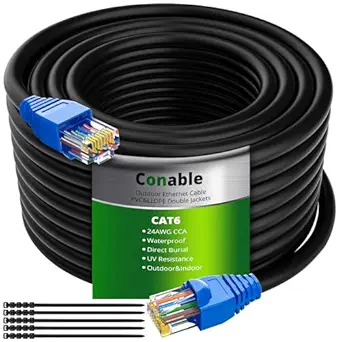 Cat6 Outdoor Ethernet Cable 250 Feet, Cat 6 Heavy Duty Internet Cord, Waterproof, Direct Burial, in Wall, POE, Network, Indoor, PVC & LLDPE UV Double Jackets, Supports Cat6 Cat5e Cat5 with 25 Ties