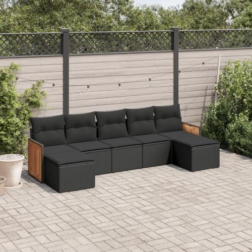 SKM Set de Comedor de jardín 7 pzas y Cojines ratán sintético Negro,Mobiliario,Muebles de jardín,Conjuntos de jardín,Negro,55 kg,3227910