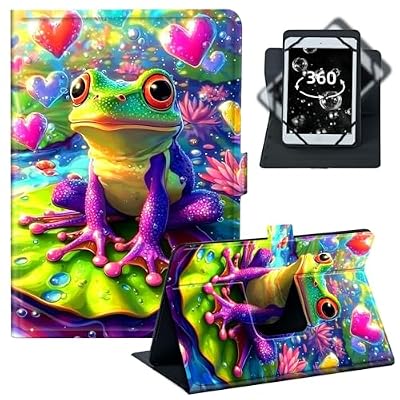 BREIDMKFM Tablet Case for Fire 7 (2022/2021/2020) - Universal 6-7 Inch 360° Rotating Stand with 4 Corner Elastic Bands,Fit for Kindle Fire 7/iPad mini 5/Lenovo Tab M7,Cute Frog Colorful