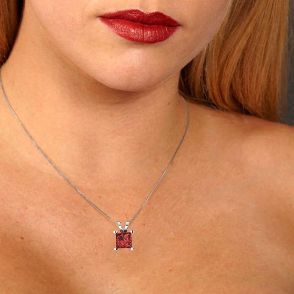 Clara Pucci 14K White Gold Plated Solitaire 18" Box-Chain Necklace - Sterling Silver 0.5ct Princess Cut Garnet Pendant - Image 5