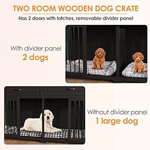 Lovinouse Furniture Style Dog Crate with Double Room 73 Inch Wooden Dog Kennel with Removable Divider Dog House TV Entertaiment Center for Small Medium Large X Large Dogs Black with Drawer