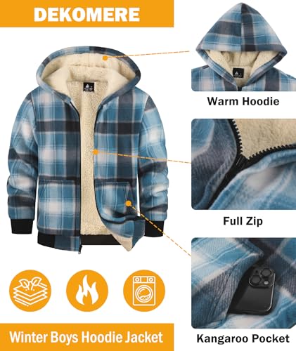 Image of Boys Fleece Jacket with Hood Unisex Child Sherpa Lined Zip Up Warm Coat Hooded Sweatshirt Outerwear