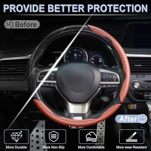 Image of Amiss 3pcs Carbon Fiber Anti-Skid Steering Wheel Cover, Waterproof & Segmented Butterfly Design, Universal 99% Vehicle Wheel Cover Protector, Car Interior Accessories (Champagne-3pcs)