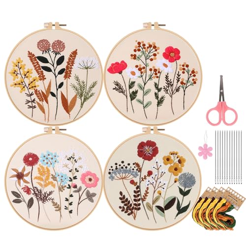 Joyeee Kit Bordado Principiantes, Embroidery Starter Kit con 4pcs Plantilla de Patrones Floral Bastidor e Tela para Bordar Aguja Hilo Instrucciones Herramientas, set Bordado Completo para Adulto Niño