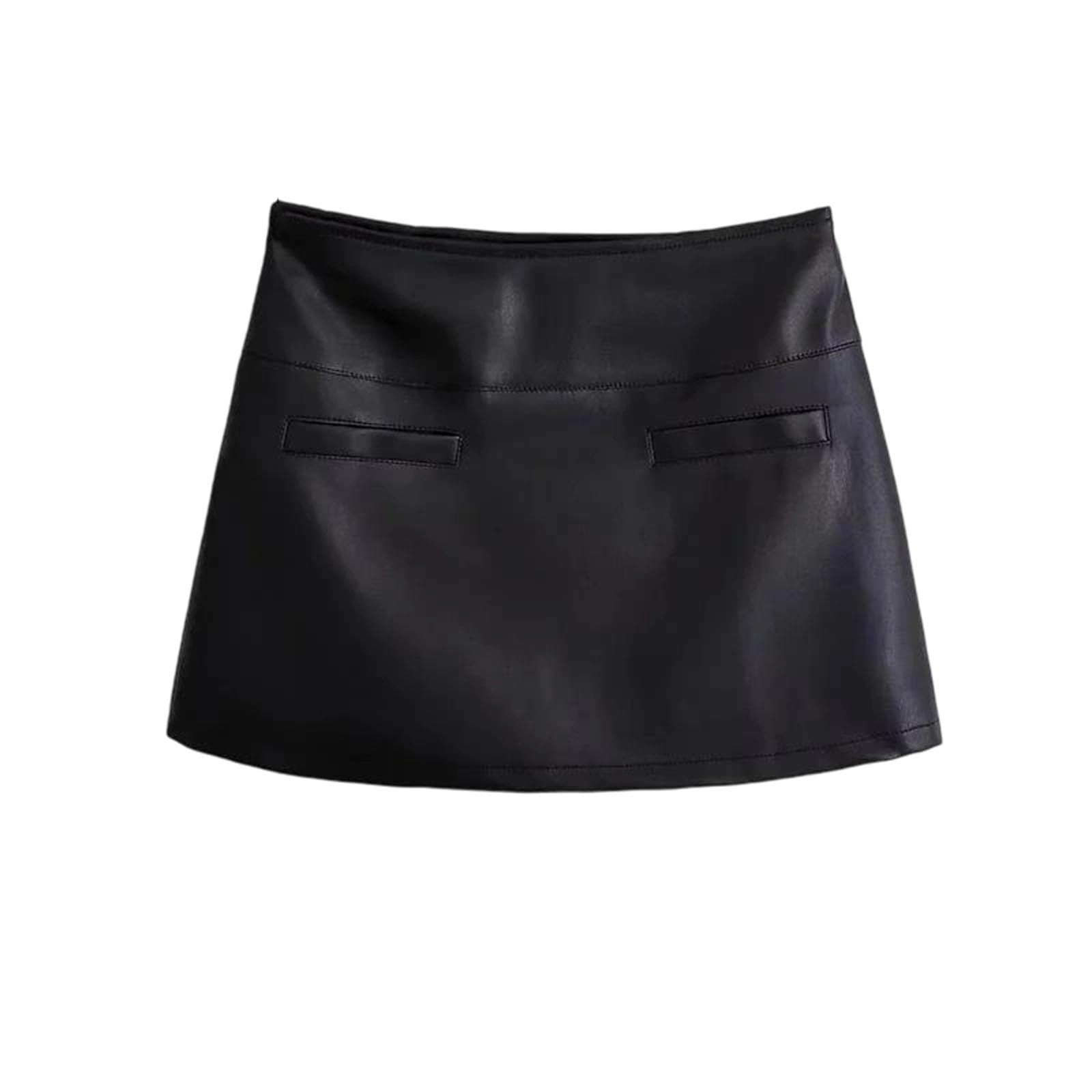 Womens Casual Leather Straight Mini Skirt Slim Fit High Empire Waist Short Skirt with Pockets