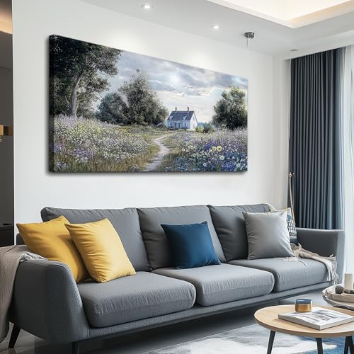 KELIYUAN Wall Art For Living Room Large Wall Decor Canvas Painting Retro Pastoral Flower Sea Landscape Painting Farmhouse Office Bedroom Artwork Picture For Print For Home Decoration 24x48 Inches