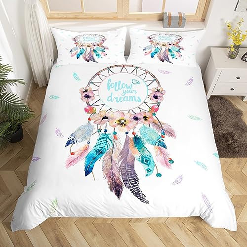 Housse de Couette 200x200 Attrape Rêves en Imprimé Parure de Lit Fille 2 Personne avec Fermeture Éclair avec Taies d'oreiller 65x65cm Dreamcatcher Plumes...