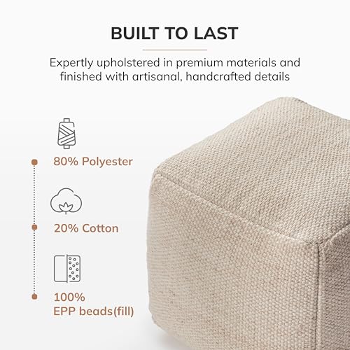 Anji Mountain Pouf Ottoman Foot Rest, Handmade Ottoman Pouf, Comfortable Foot Stool, Decorative Floor Seating for Living Room Decor, Bedroom & Home Décor Accent - Ivory/Lt Brown - Thumbnail 7