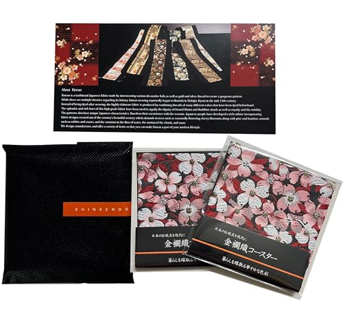 プレゼントにそのまま渡せる ギフト用不織布袋入り 英語商品紹介書付 和風 金襴織着物コースター 2枚セット (はなやぎ)