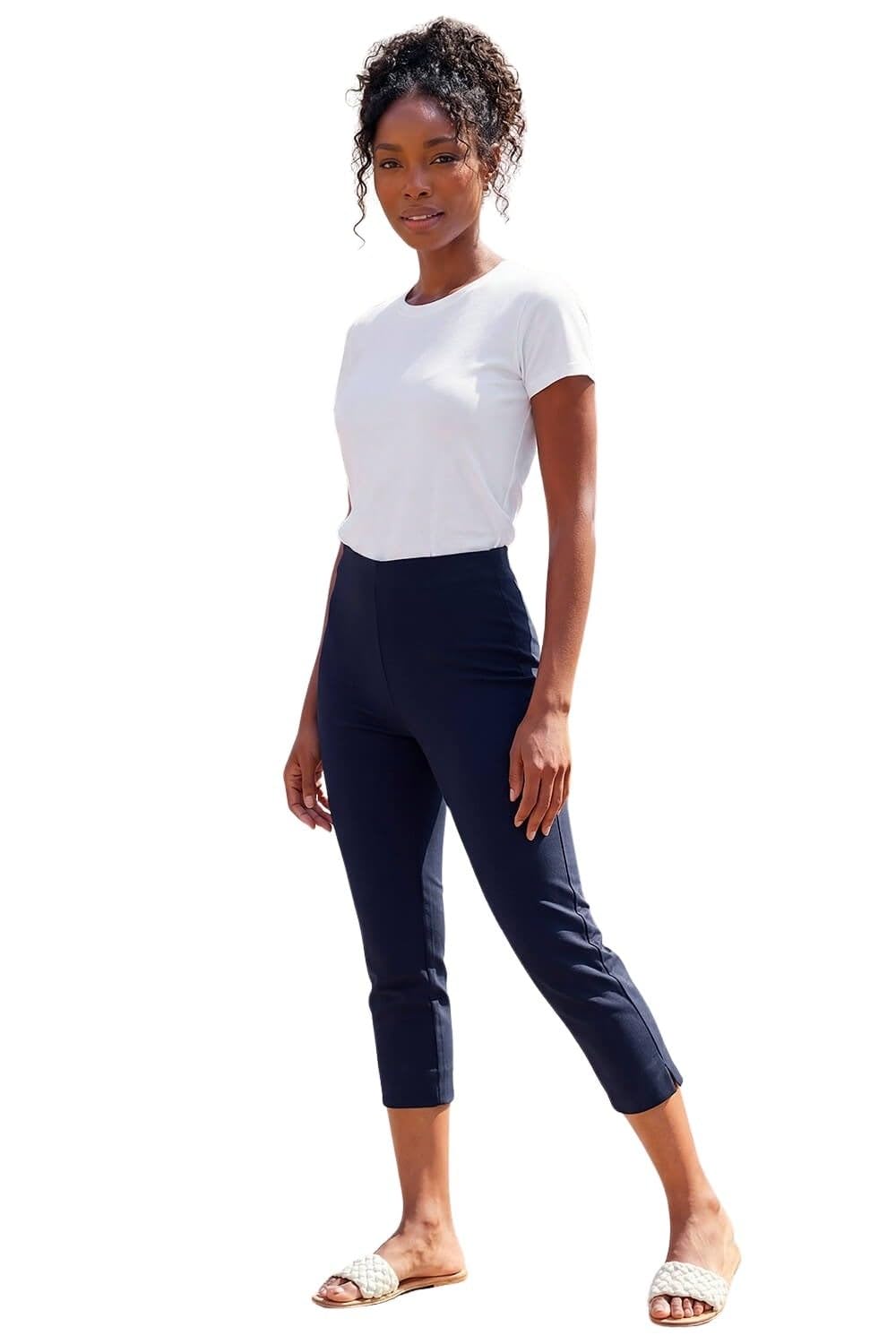 Roman Women's Navy Cropped Stretch Trouser Capri Summer Leggings 3/4 Pedal Pushers In | Size: 22