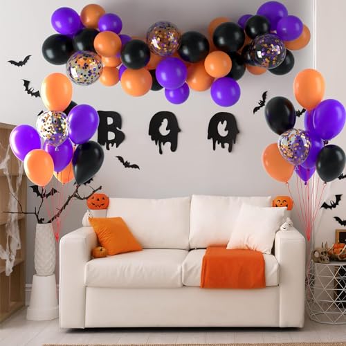 Image of Rozi Decoration Pack of 35 Black Orange Purple Balloons - 9 Inch Latex & Confetti Balloon Set, Metallic Balloons for Birthday, Halloween, Haunted Theme, Party Decorations
