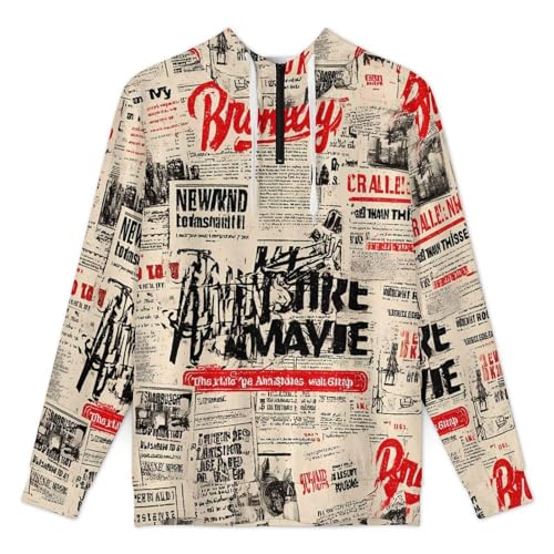 Newspaper Print Fall Men's Casual Long Sleeve Hooded Zip Up Pullover Sweatshirt3
