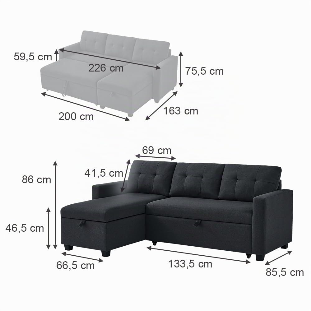 VitaliSpa Sofa L Form Campina, Anthrazit, 226 x 163 cm