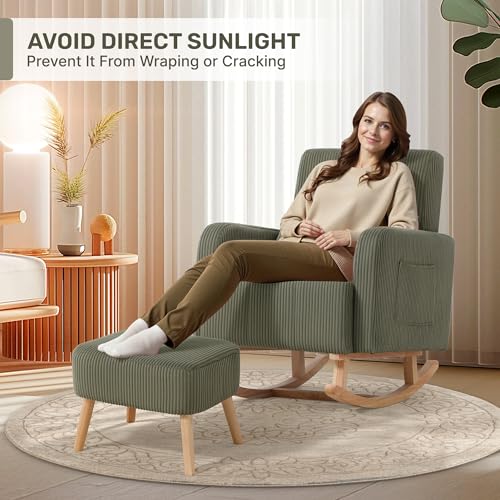 Image of HCHAIRH Rocking Chair with Ottoman, Corduroy Glider Rocker with High Backrest and Side Pocket, Comfy Reading Chair with Solid Wood Legs for Nursery, Living Room,Bedroom Olive Green