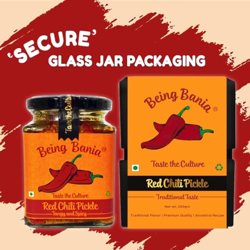 Image of Being Bania Stuffed Red Chilli Pickle - 100% Natural | No preservatives | Bharwa mirch ka achar | 250g in Jar | Fresh Pickles | Lal Mirchi