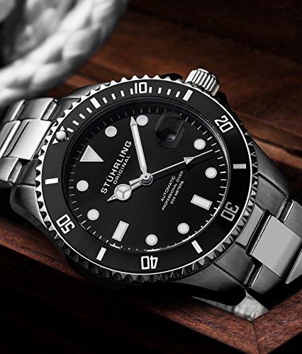 Stuhrling Original Mens Stainless Steel Automatic Self Wind Dive Watch Deep Black Dial 200M Water Resistant Unidirectional Ratcheting Bezel Screw Down Crown Sport Watch 792 Series #TOP4