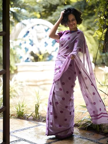 Image of Sidhidata Women's Polka Dot Printed Linen Cotton Saree With Unstitched Blouse Piece (Laddu Free Size)