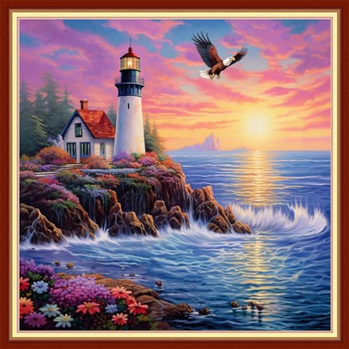 Image of Redxing Stamped Cross Stitch Kits Full Range of Embroidery Starter Kits- Needlepoint Counted Cross Stitch Kits for Beginner Adults 11CT Printed Embroidery Kit-Seaside Lighthouse 18x18 inch