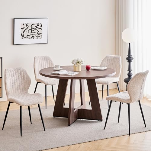 Image of 47 inch Round Dining Table Set for 4, Kitchen Table and Chairs | Wooden Cross Base, Boucle Fabric Chair, for Apartment